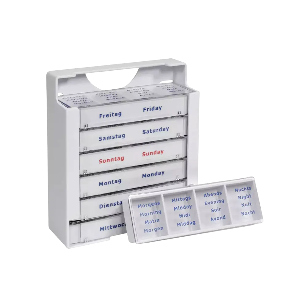 Tablettenbox mit herausnehmbaren Tagesdosierern, beschriftet in Deutsch und Englisch.