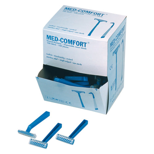 Einmalrasierer mit einschneidiger Klinge in geöffneter Verpackung.