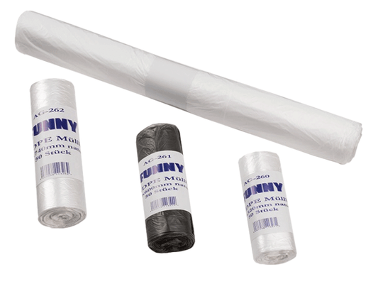 HDPE-Müllbeutel der Marke Plock in verschiedenen Farben und Größen.