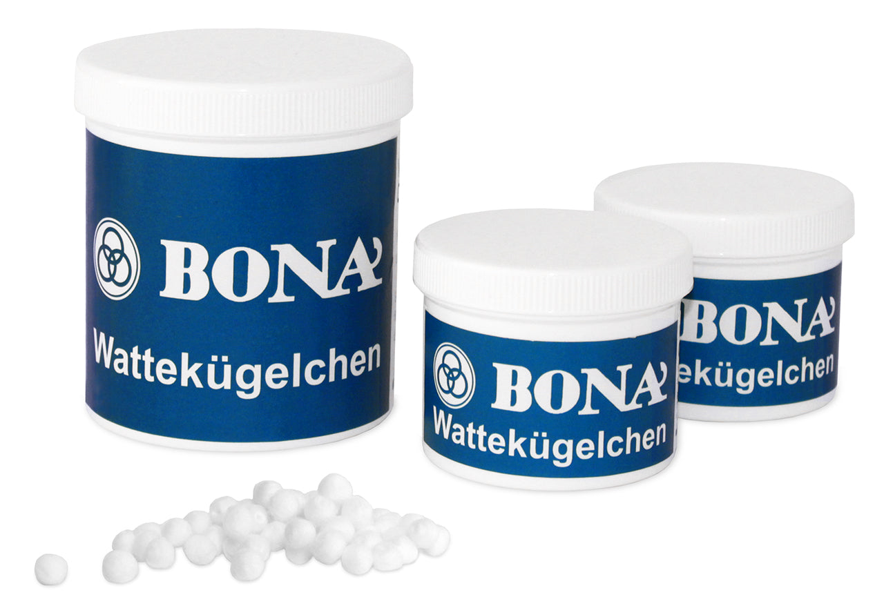 Kunststoffdosen mit Schraubdeckel, gefüllt mit Bona Wattekügelchen, 7 mm Variante.