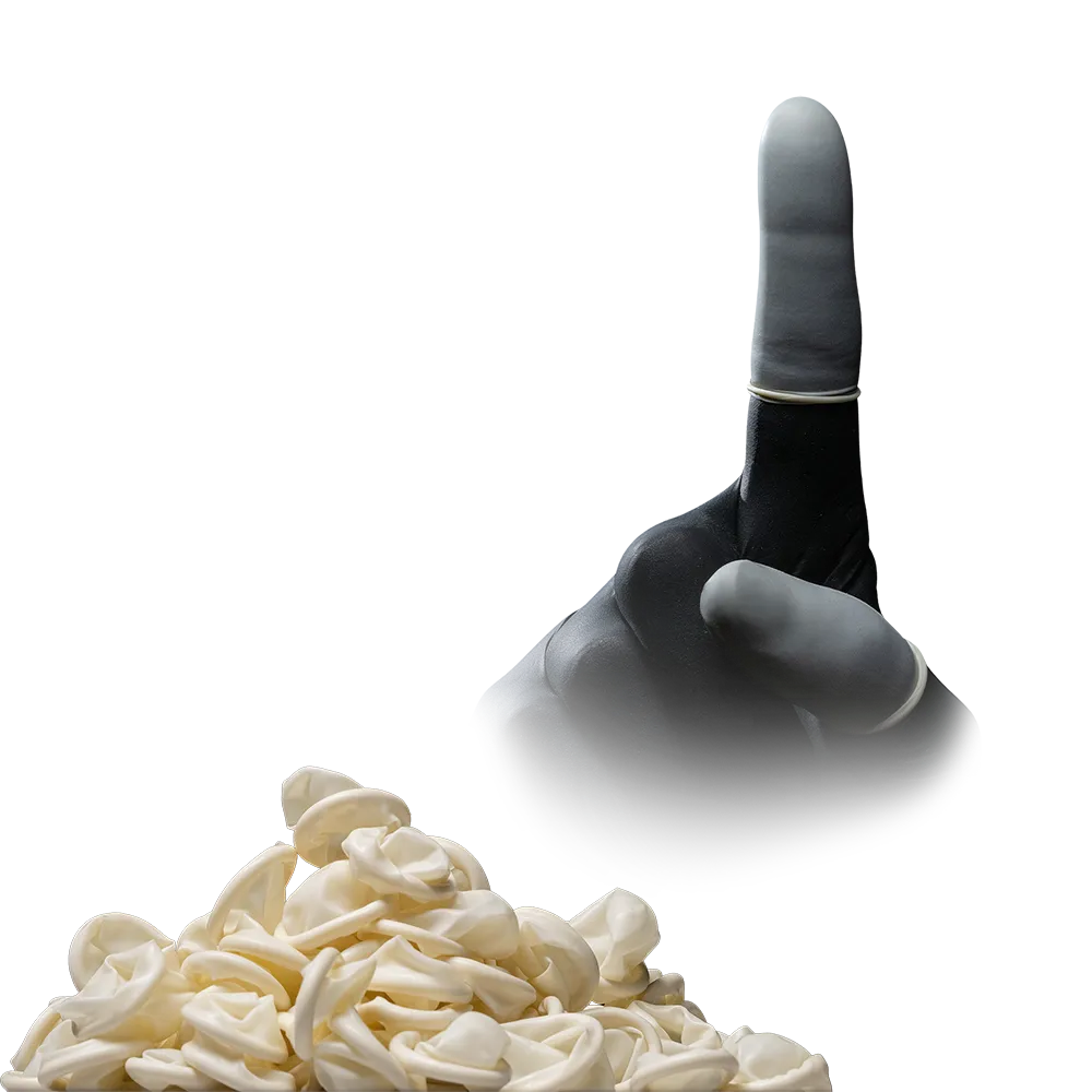 Latex-Fingerlinge Größe 3 auf schwarzem Handschuh und beigem Hintergrund.