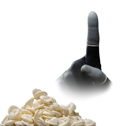 Latex-Fingerlinge Größe 3 auf schwarzem Handschuh und beigem Hintergrund.