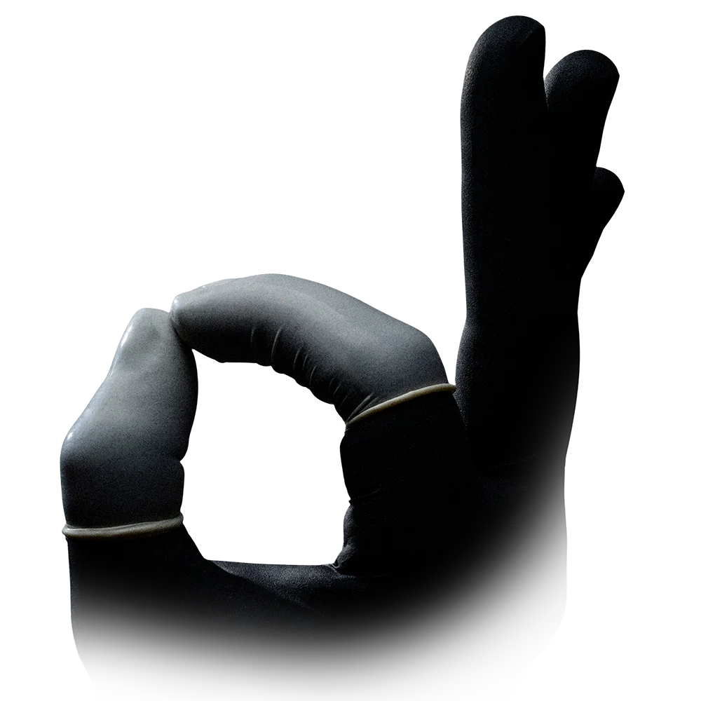 Puderfreie Latex-Fingerlinge Größe 4 auf schwarzem Handschuh.