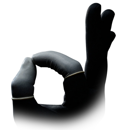 Puderfreie Latex-Fingerlinge Größe 4 auf schwarzem Handschuh.