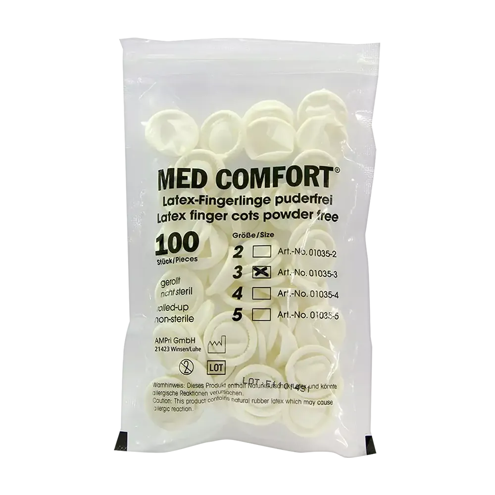 Latex-Fingerlinge puderfrei, Größe 2, in transparenter Verpackung.