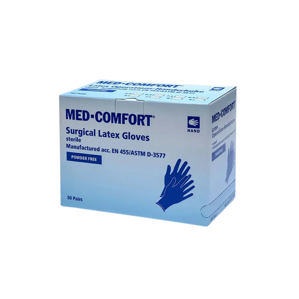 Sterile OP-Latexhandschuhe in blauer Verpackung von Ampri.