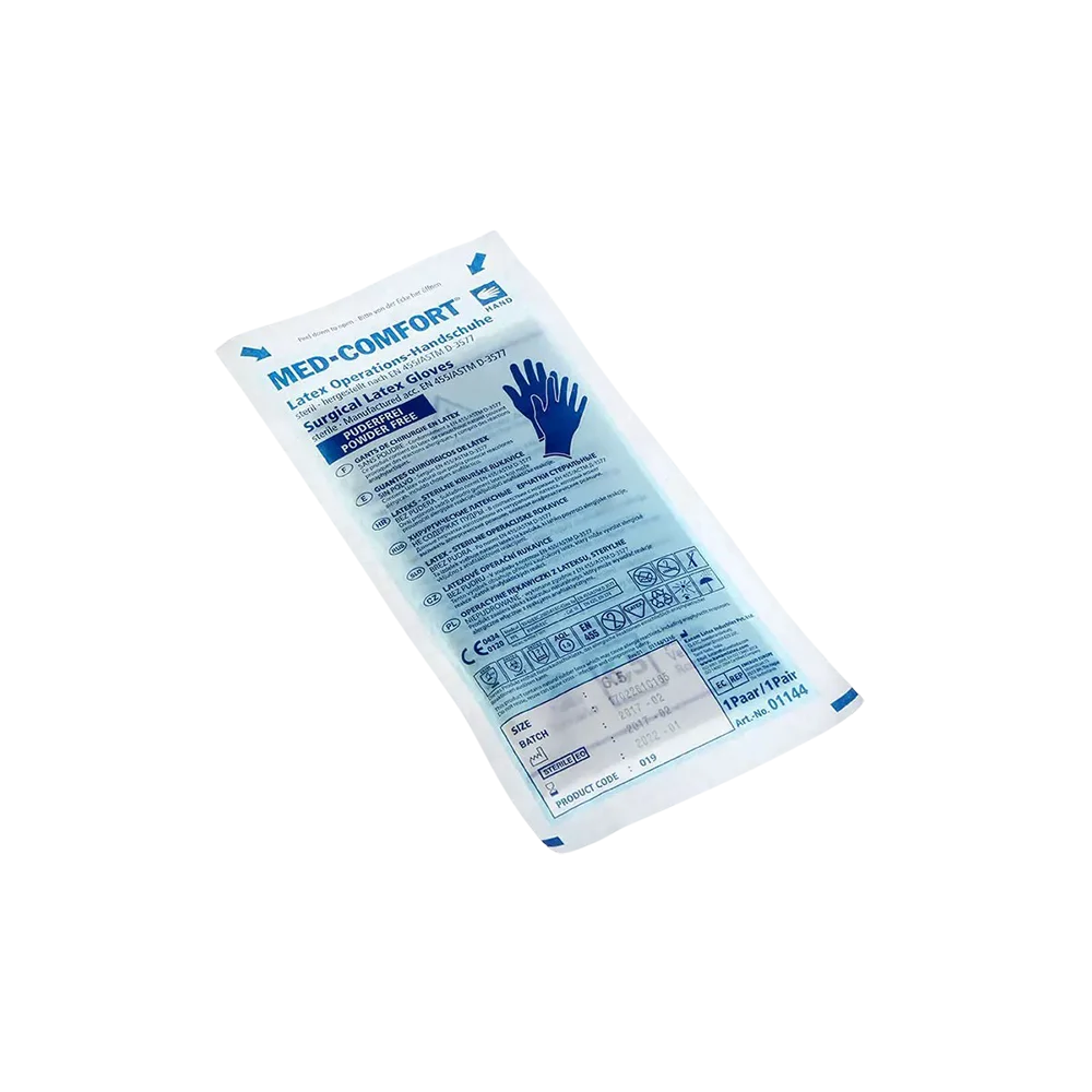 Sterile Ampri OP-Latexhandschuhe in versiegelter blauer Verpackung.