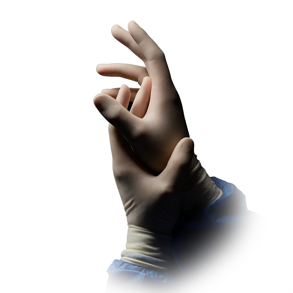 Sterile OP-Latexhandschuhe von Ampri an Händen getragen vor schwarzem Hintergrund.