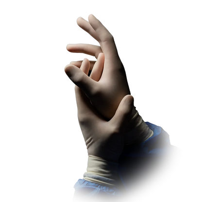 Sterile OP-Latexhandschuhe von Ampri an Händen getragen vor schwarzem Hintergrund.