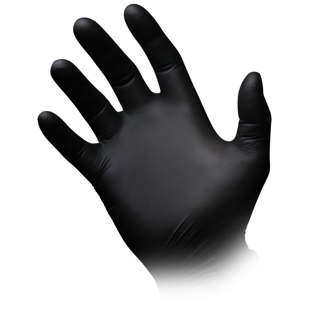 Schwarzer Nitrilhandschuh von AMPri, Größe XL, mit texturierten Fingerspitzen.