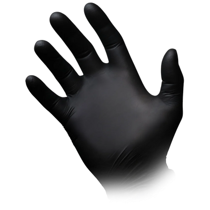 Schwarzer Nitrilhandschuh von AMPri, Größe XL, mit texturierten Fingerspitzen.