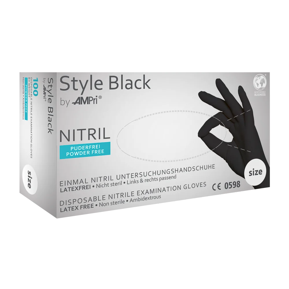 Style Black Nitrilhandschuhe Verpackung mit schwarzem Handschuh und Größenangabe.