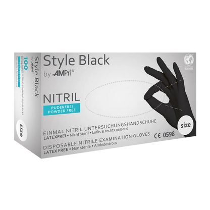 Style Black Nitrilhandschuhe Verpackung mit schwarzem Handschuh und Größenangabe.