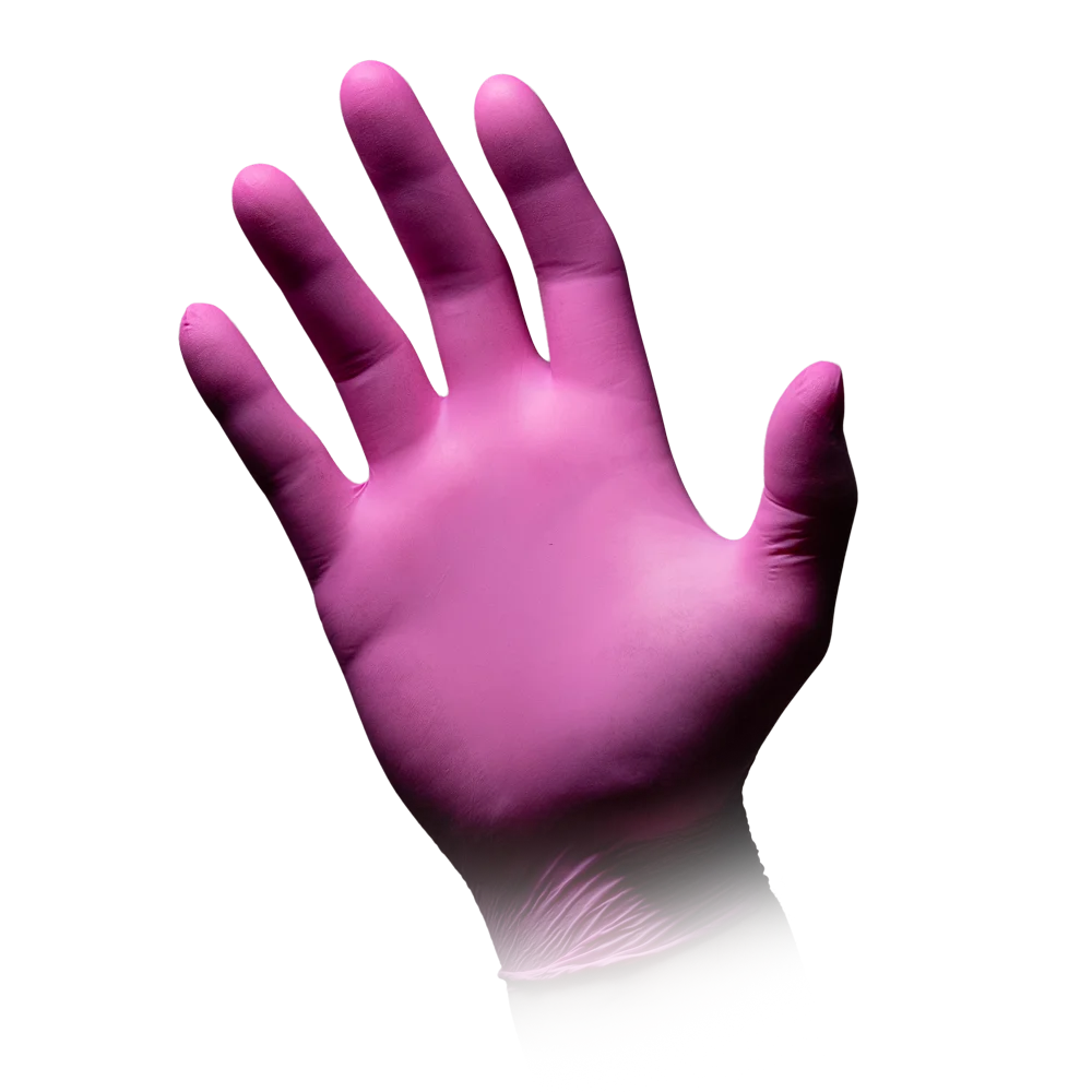 Nitrilhandschuh in Magenta, auf ausgestreckter Hand.