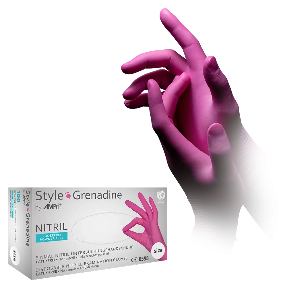 Ein Paar pinke Nitrilhandschuhe von AMPri Style Grenadine, mit Verpackung.