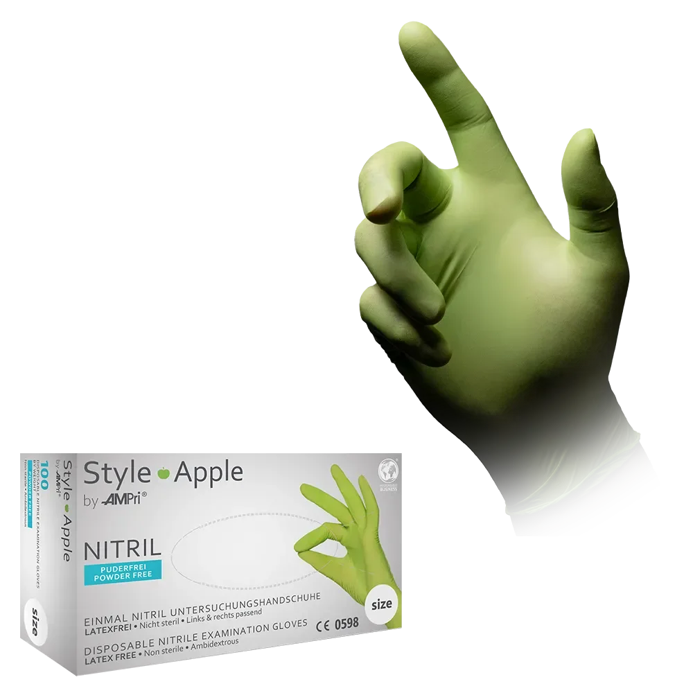 Grüner Einweghandschuh mit Verpackung der Style Apple Nitrilhandschuhe.