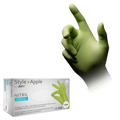 Grüner Einweghandschuh mit Verpackung der Style Apple Nitrilhandschuhe.
