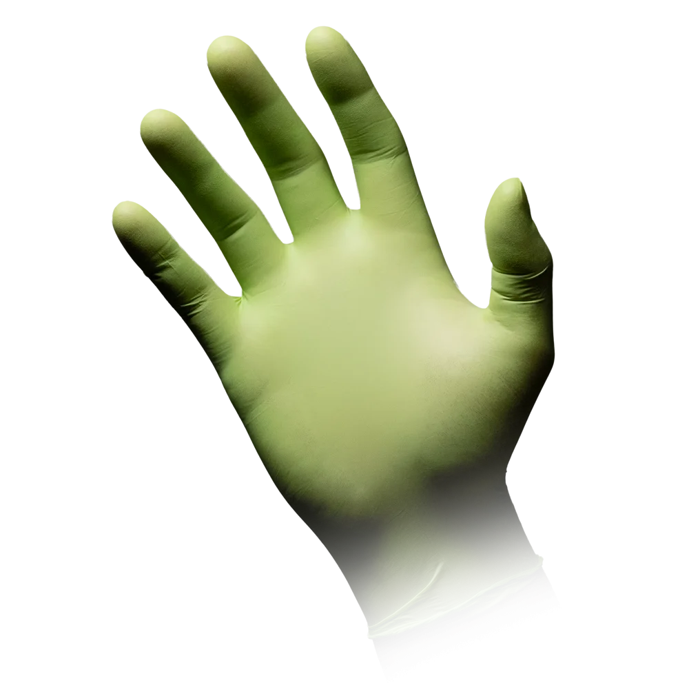 Apfelgrüner Nitrilhandschuh an einer ausgestreckten Hand.
