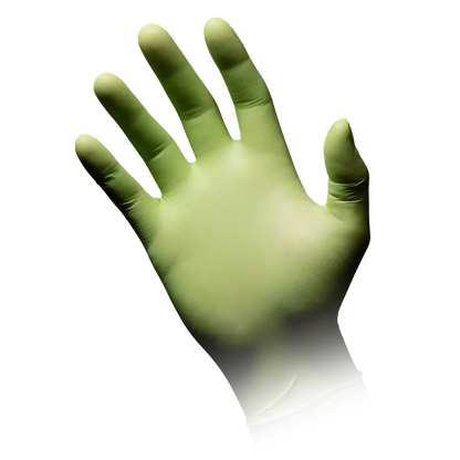 Apfelgrüner Nitrilhandschuh an einer ausgestreckten Hand.
