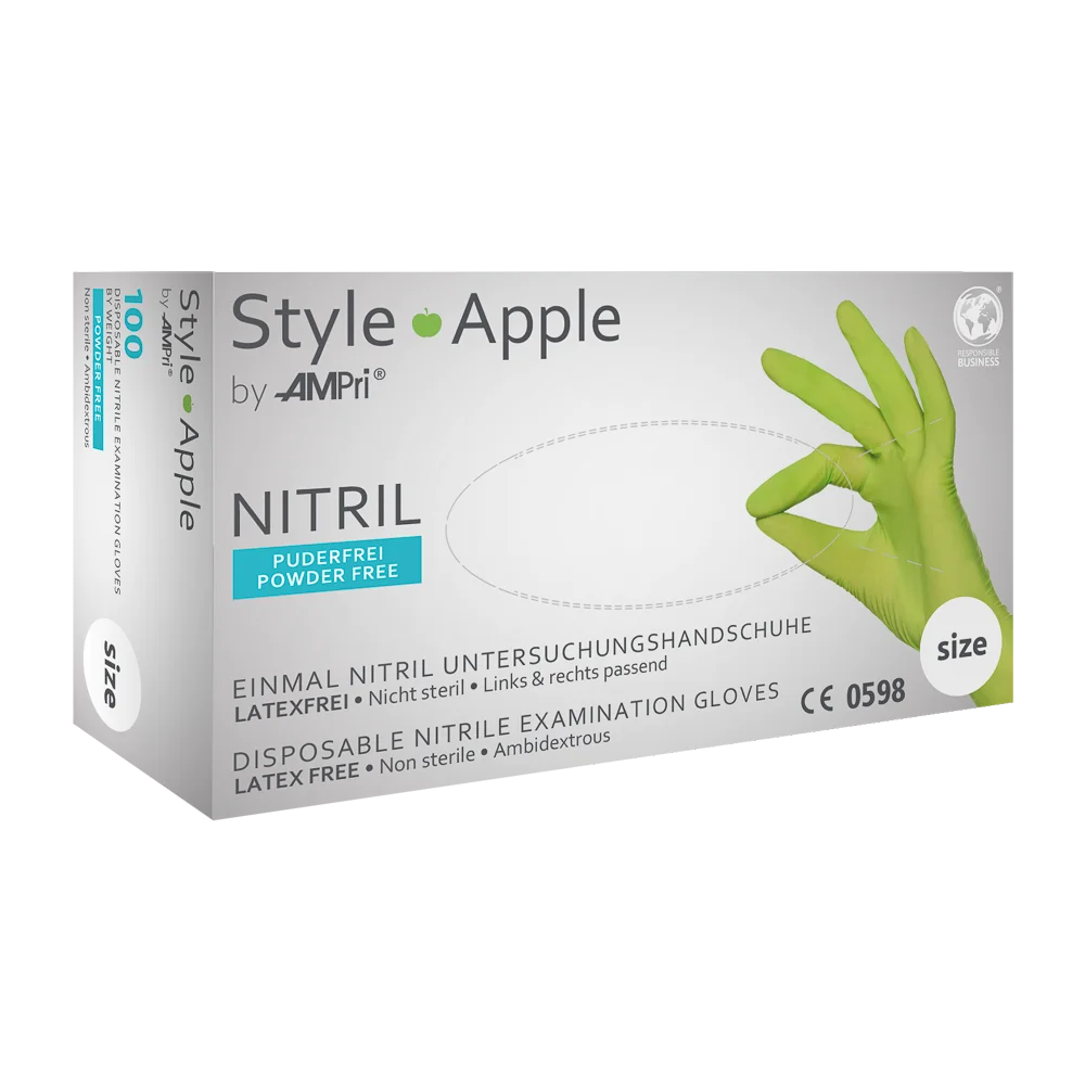 Einmal-Nitrilhandschuhe in apfelgrüner Verpackung mit Handschuhabbildung.