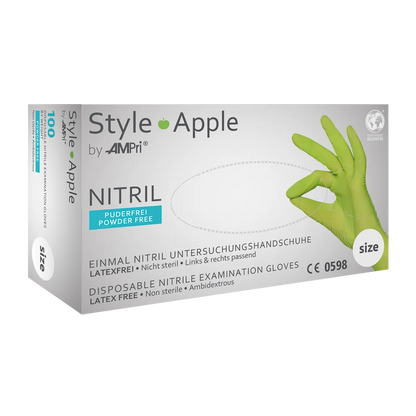 Einmal-Nitrilhandschuhe in apfelgrüner Verpackung mit Handschuhabbildung.