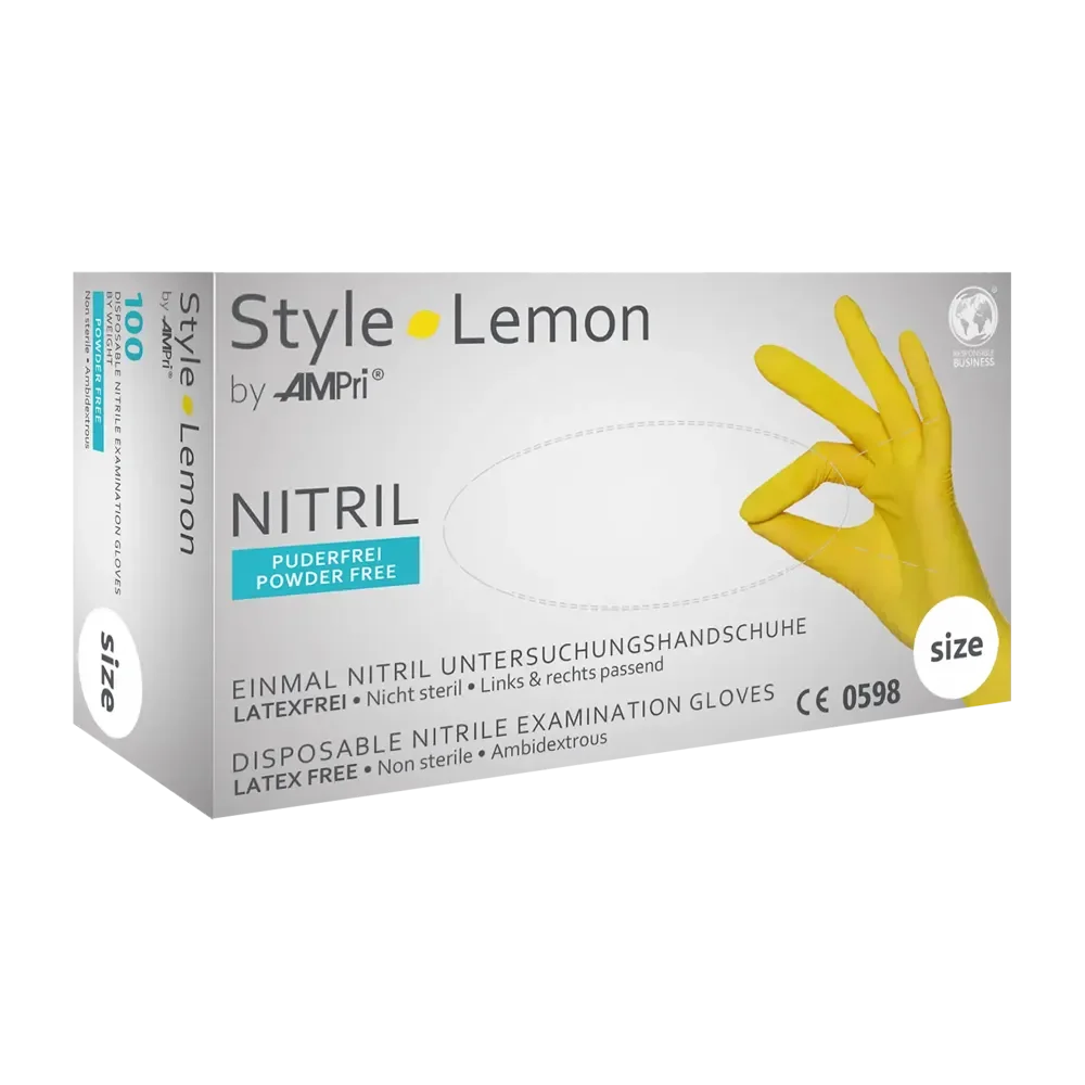 Gelbe Nitrilhandschuhe Style Lemon von AMPri in Verpackung.