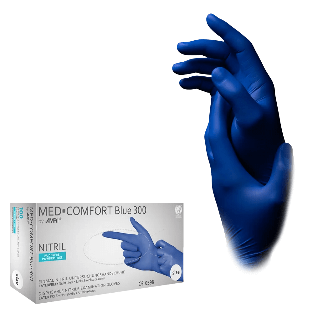 Lange blaue Nitrilhandschuhe Med-Comfort Blue 300 in Größe L.