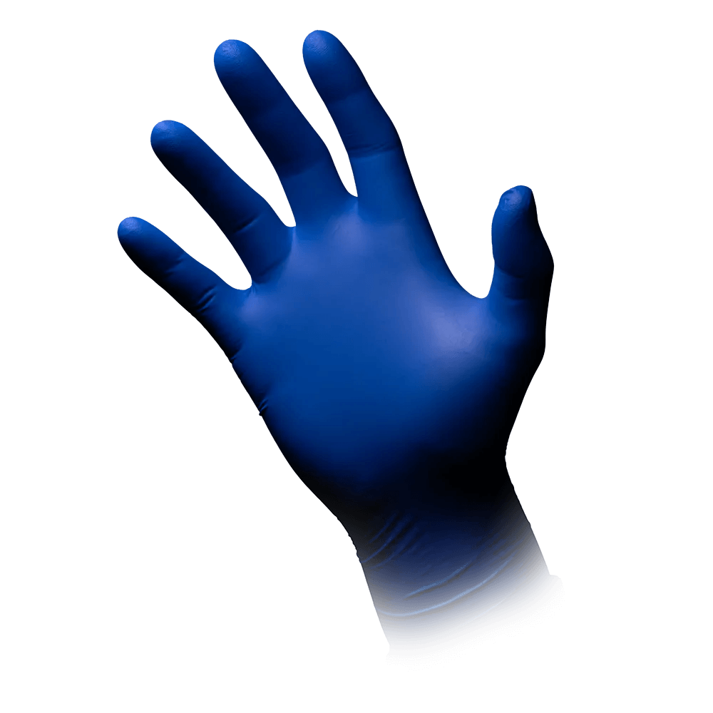 Langer blauer Nitrilhandschuh, Med-Comfort blue 300, Größe XL, am Handmodell.