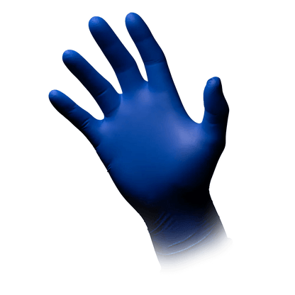 Langer blauer Nitrilhandschuh, Med-Comfort blue 300, Größe XL, am Handmodell.