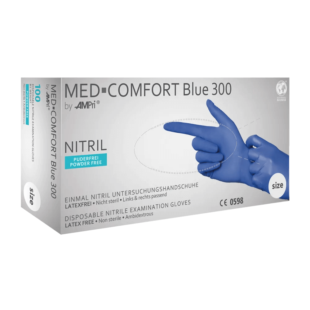 Lange Nitrilhandschuhe Med-Comfort Blue 300 in Verpackung, puderfrei, Größe L.