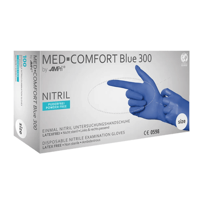 Lange Nitrilhandschuhe Med-Comfort Blue 300 in Verpackung, puderfrei, Größe L.
