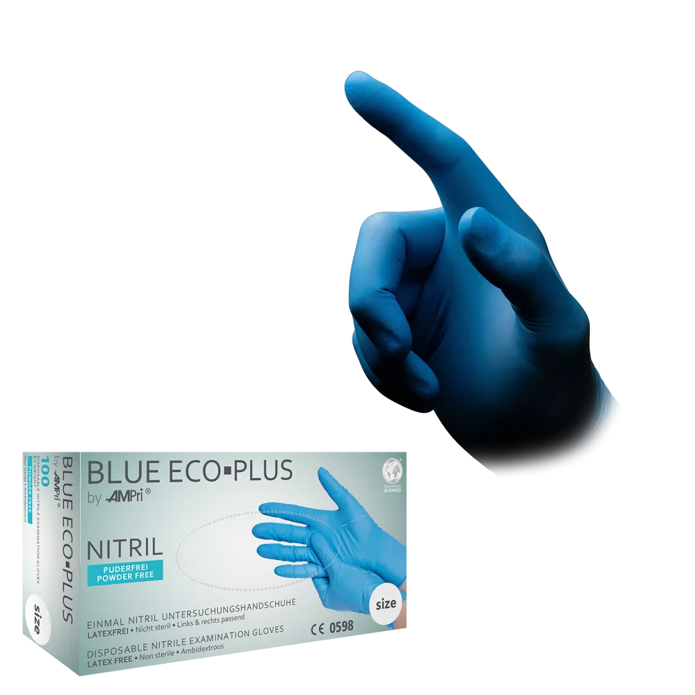 Blauer Nitrilhandschuh von AMPri, puderfrei, mit Verpackung im Hintergrund.