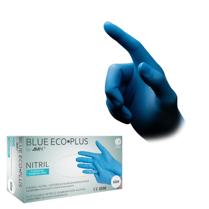 Blauer Nitrilhandschuh von AMPri, puderfrei, mit Verpackung im Hintergrund.