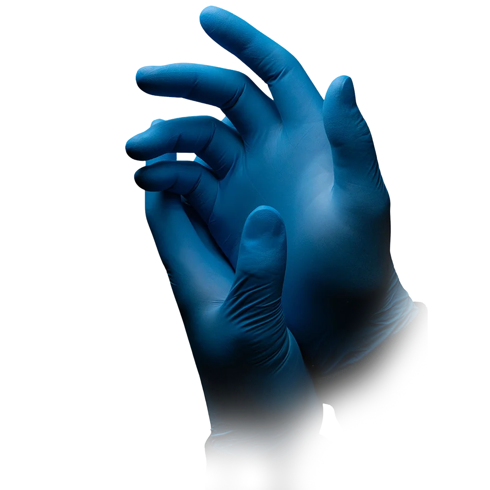 Blauer Nitrilhandschuh, puderfrei, mit texturierten Fingerspitzen, Größe M.
