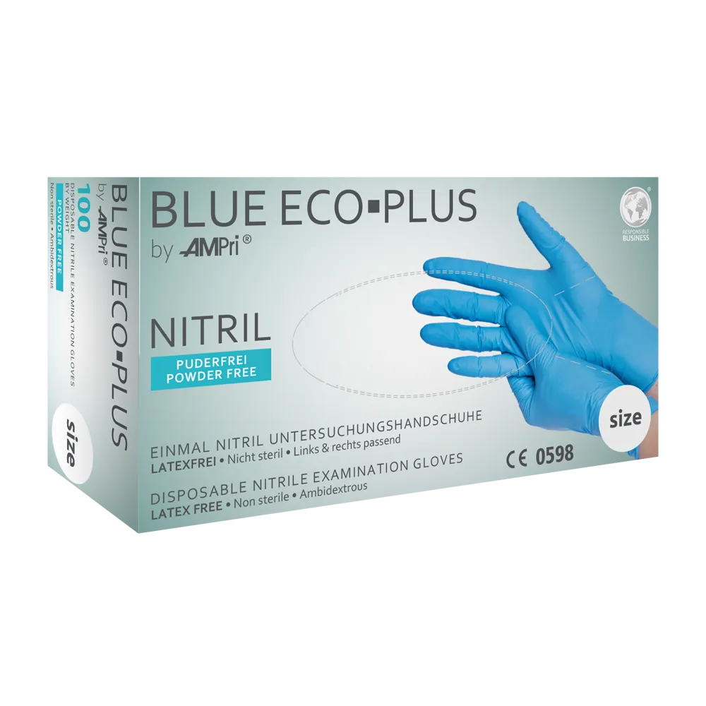 Einmal-Nitrilhandschuhe in blauer Verpackung, puderfrei, Größe XS.