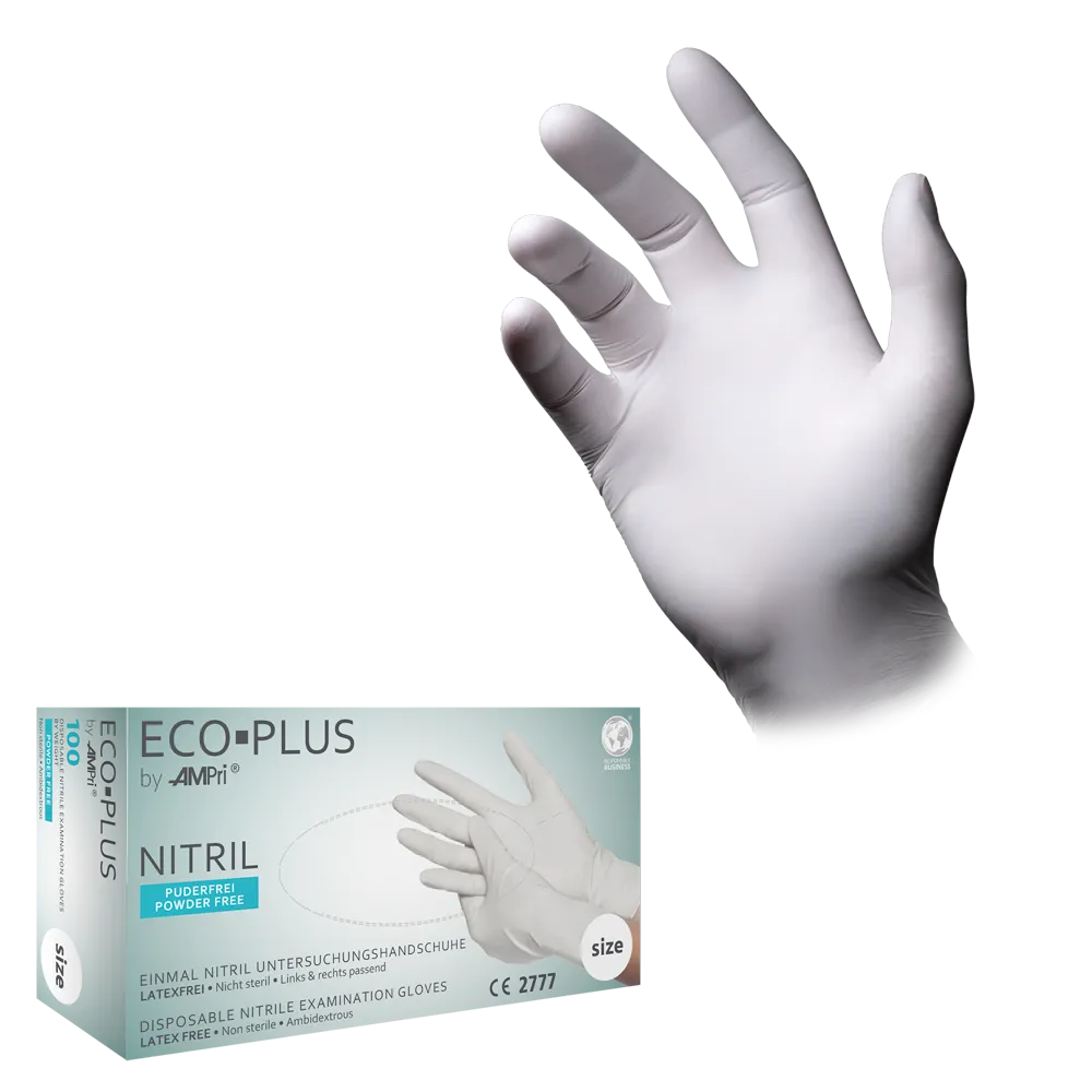 Ein weißer, puderfreier Nitrilhandschuh Eco Plus in Größe S neben Verpackung.