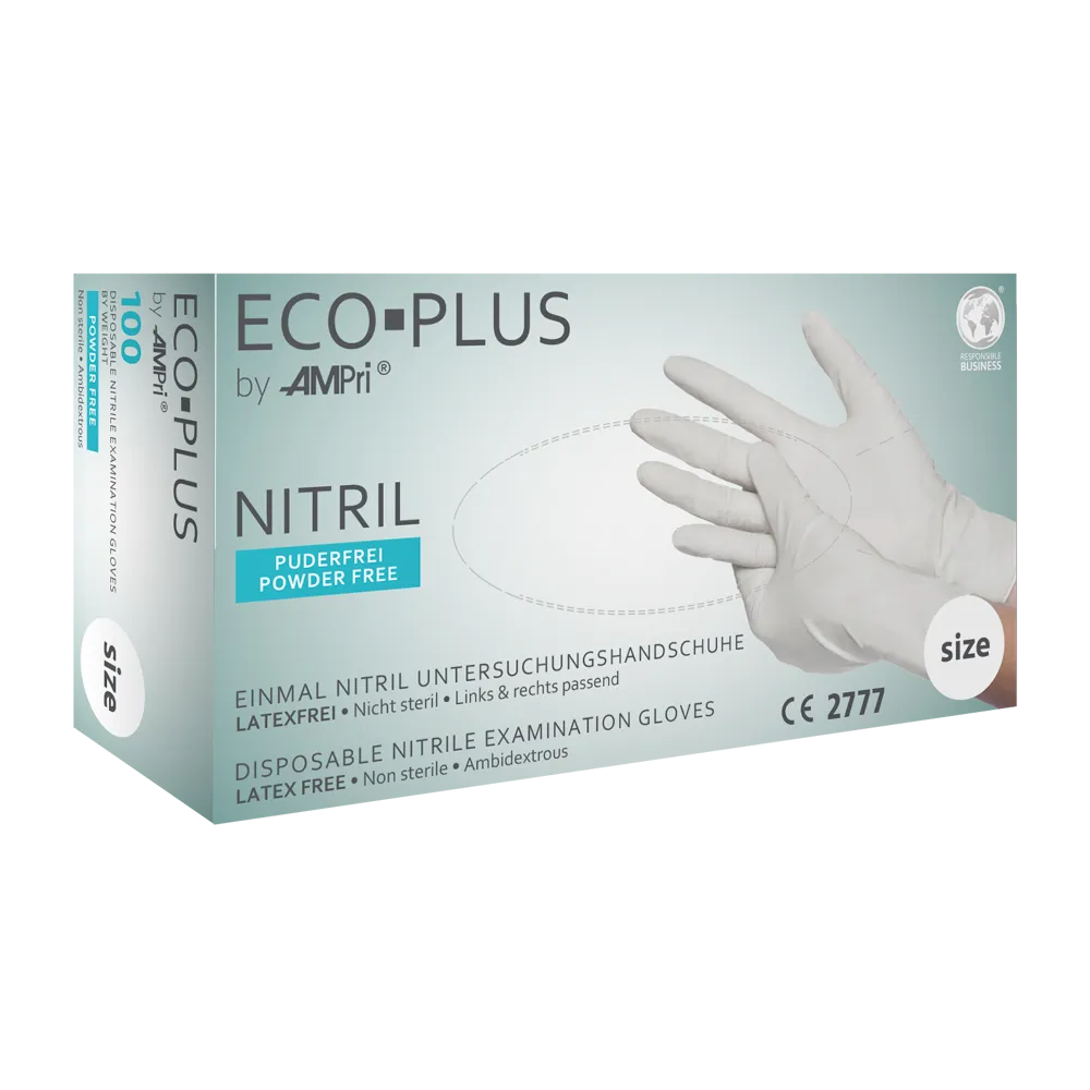 Einmal-Nitrilhandschuhe Eco Plus, weiß, puderfrei, Größe XS, Verpackung.