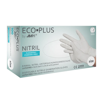 Einmal-Nitrilhandschuhe Eco Plus, weiß, puderfrei, Größe XS, Verpackung.
