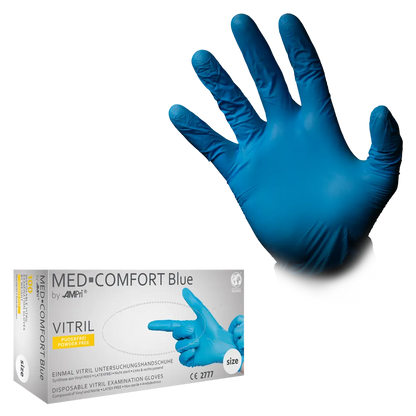 Blauer Med-Comfort Vitril Untersuchungshandschuh neben Verpackung.