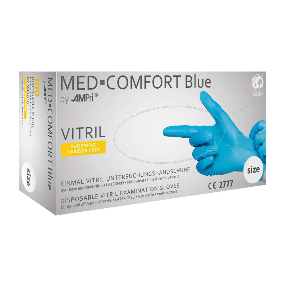 Med-Comfort Vitril Untersuchungshandschuhe in blauer Verpackung, puderfrei.