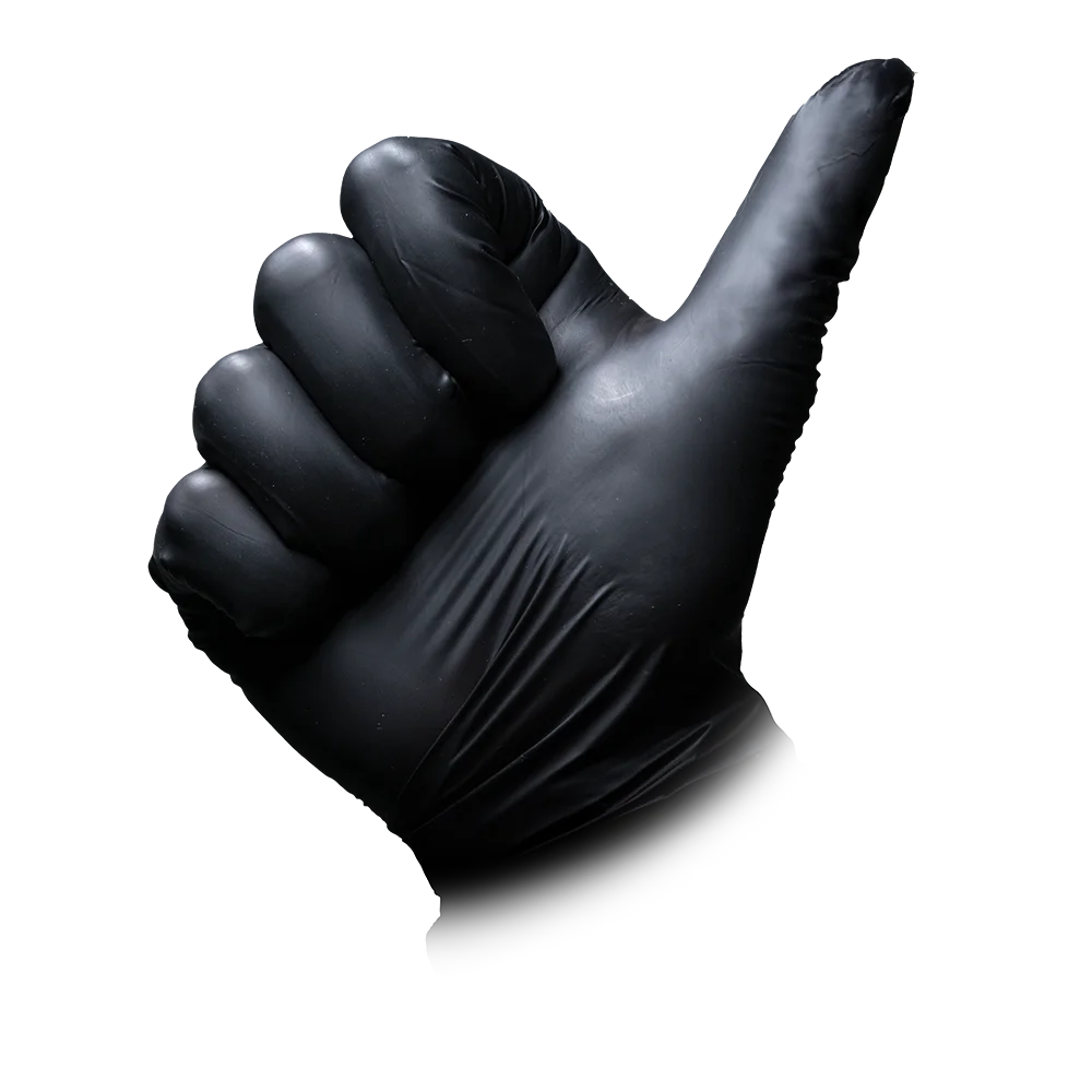Schwarzer Med-Comfort Vitril Untersuchungshandschuh mit Daumen-hoch-Geste.