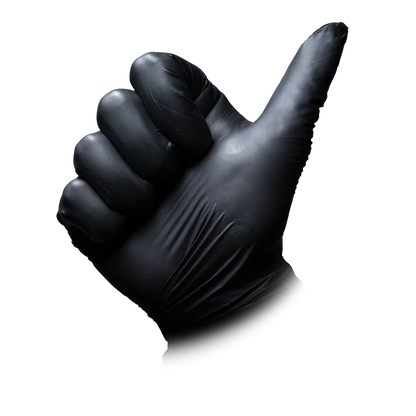 Schwarzer Med-Comfort Vitril Untersuchungshandschuh mit Daumen-hoch-Geste.