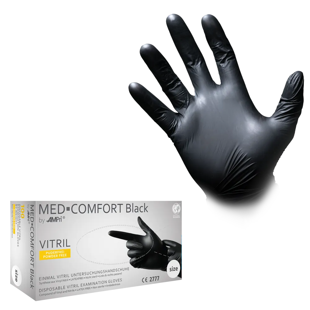 Schwarzer Med-Comfort Vitril Untersuchungshandschuh vor Verpackung.
