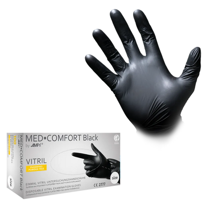 Schwarzer Med-Comfort Vitril Untersuchungshandschuh vor Verpackung.