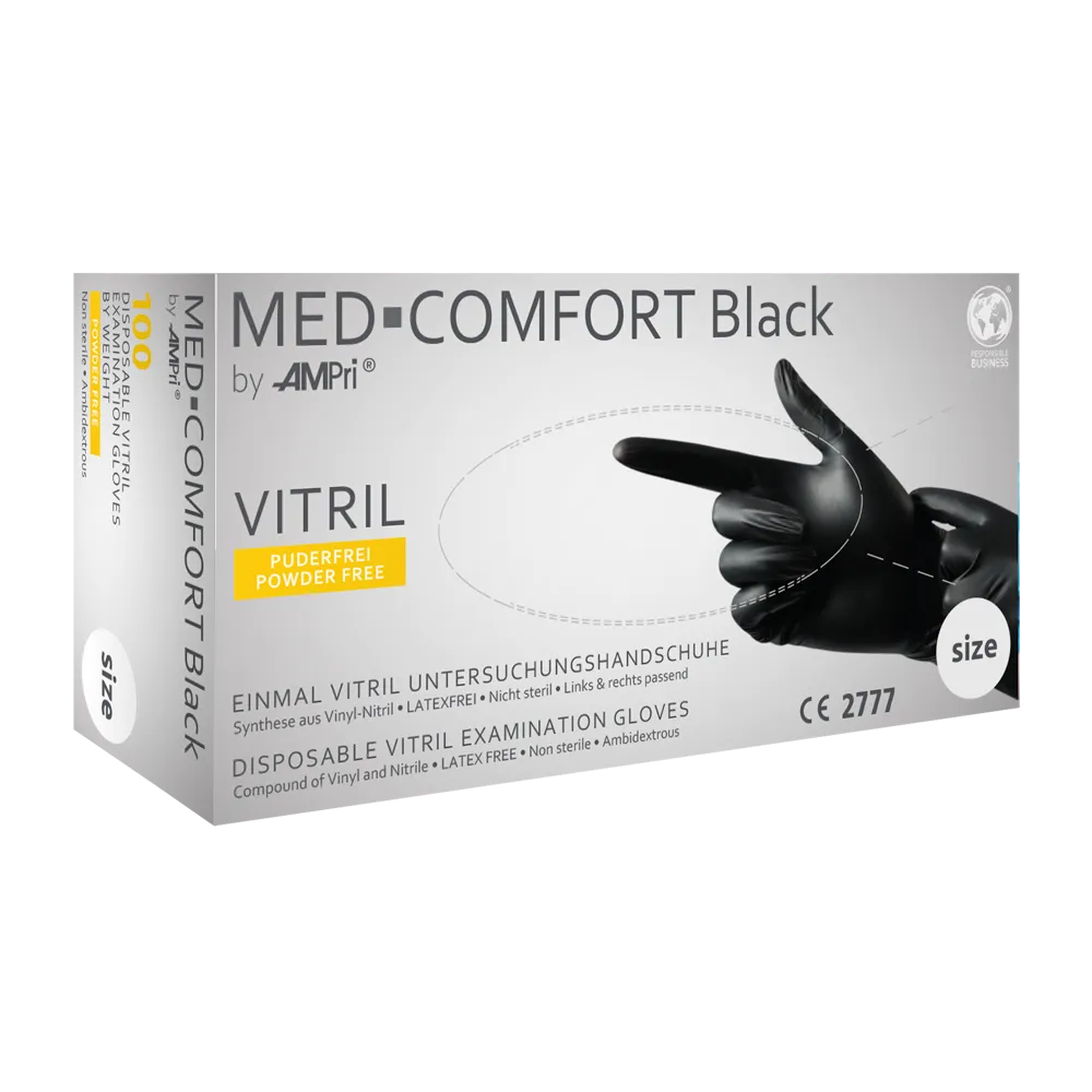 Med-Comfort Vitril Untersuchungshandschuhe in schwarzer Verpackung, puderfrei.