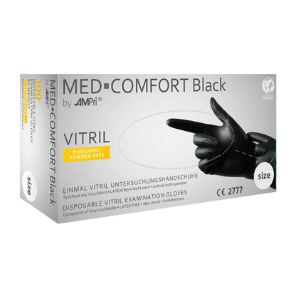 Med-Comfort Vitril Untersuchungshandschuhe in schwarzer Verpackung, puderfrei.