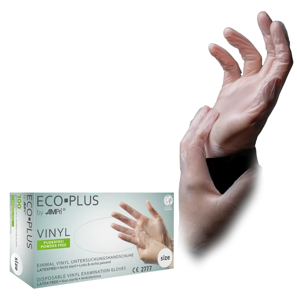 Einweghandschuh aus Vinyl in weißer Farbe, getragen, mit Verpackung im Hintergrund.
