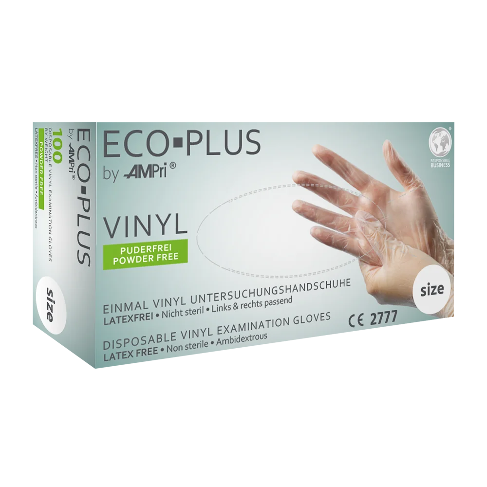 Vinylhandschuhe Eco-Plus von AMPri in weißer Verpackung, Größe XL.