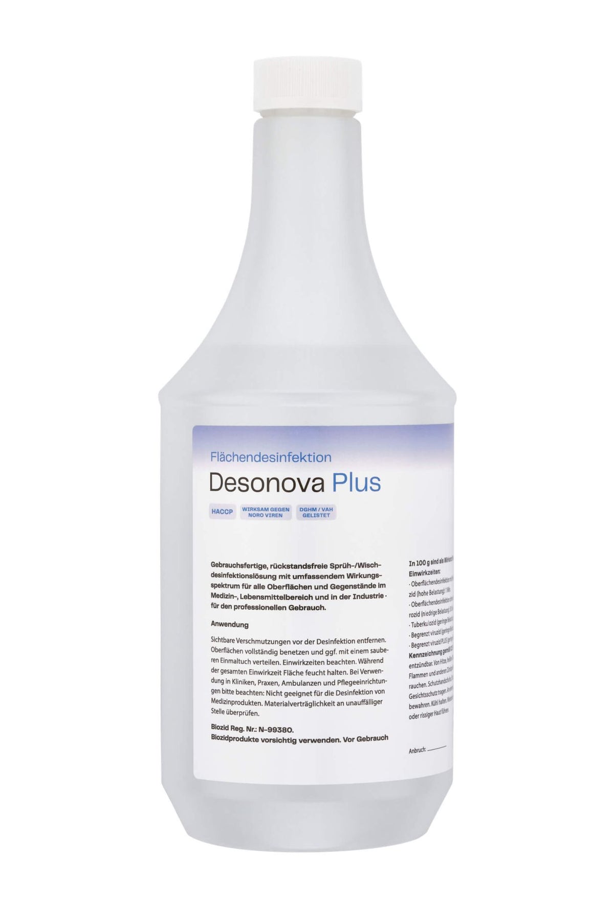 Flasche Desonova Plus Flächendesinfektionsmittel, 5L, mit Etikett und Dosierkappe.