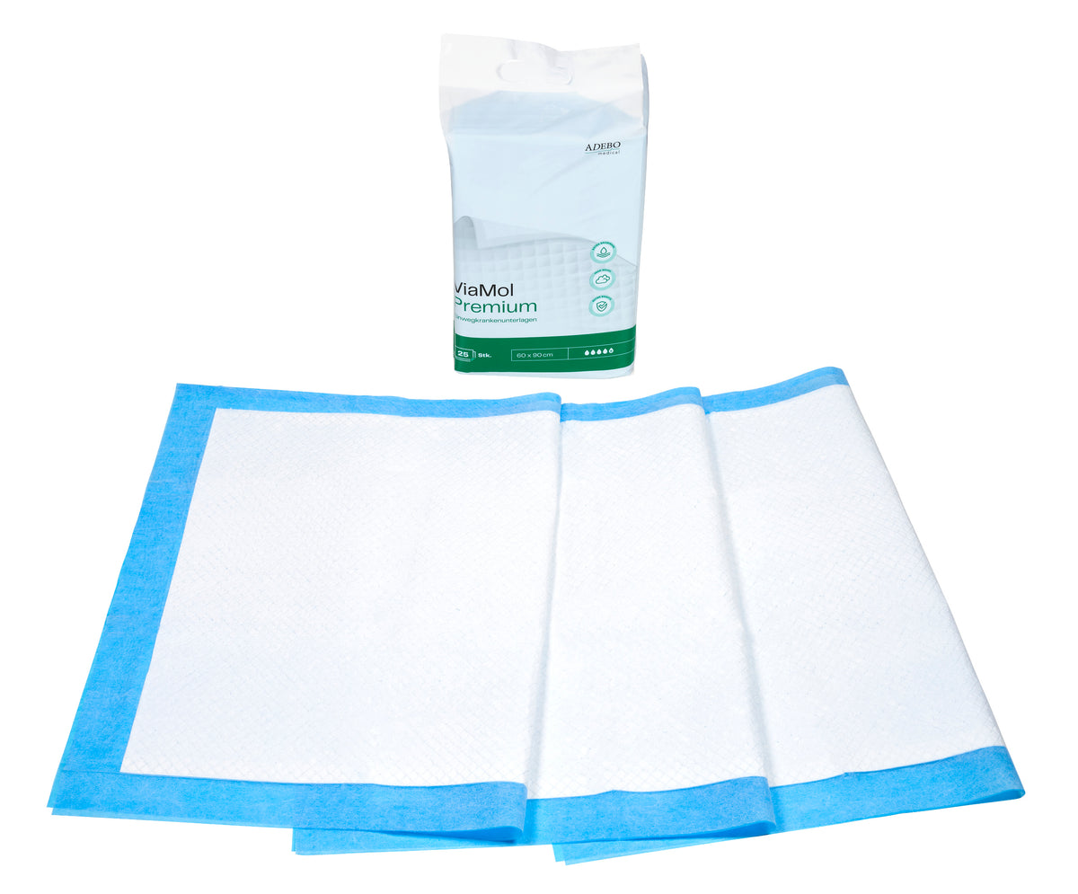 ViaMol Premium Bettschutzeinlagen, ausgebreitet mit blauer Umrandung und Verpackung im Hintergrund.